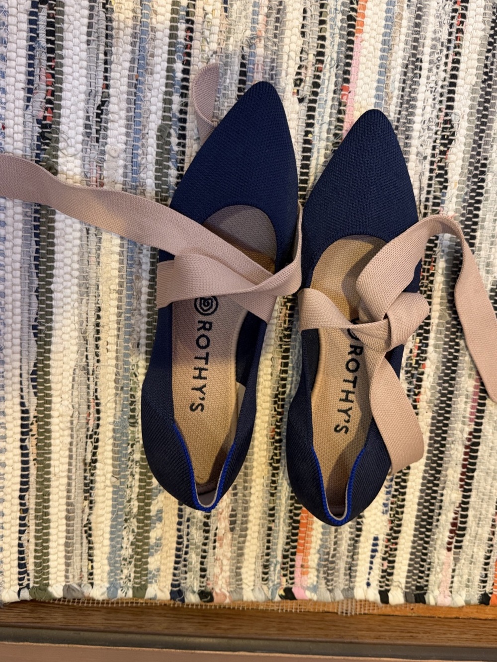 Rothy's The Bow Point Mary Jane flats in sapphire blue with light pink bow 7.5